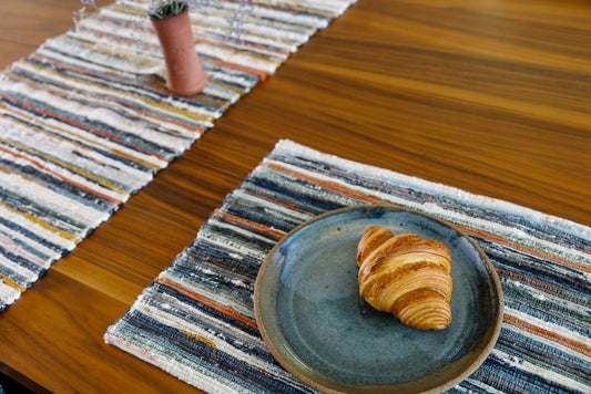 Adesé Handwoven Upcycled Fabric Dining Set | 6 Placemats and 1 Table Runner