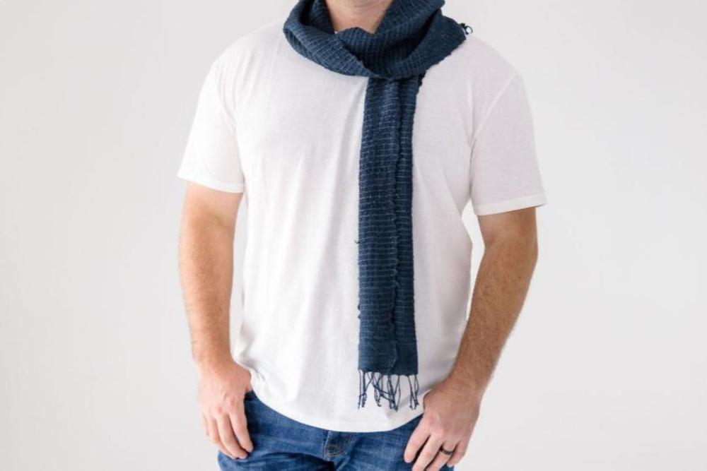 Queen Saba pure silk scarf on a male model.