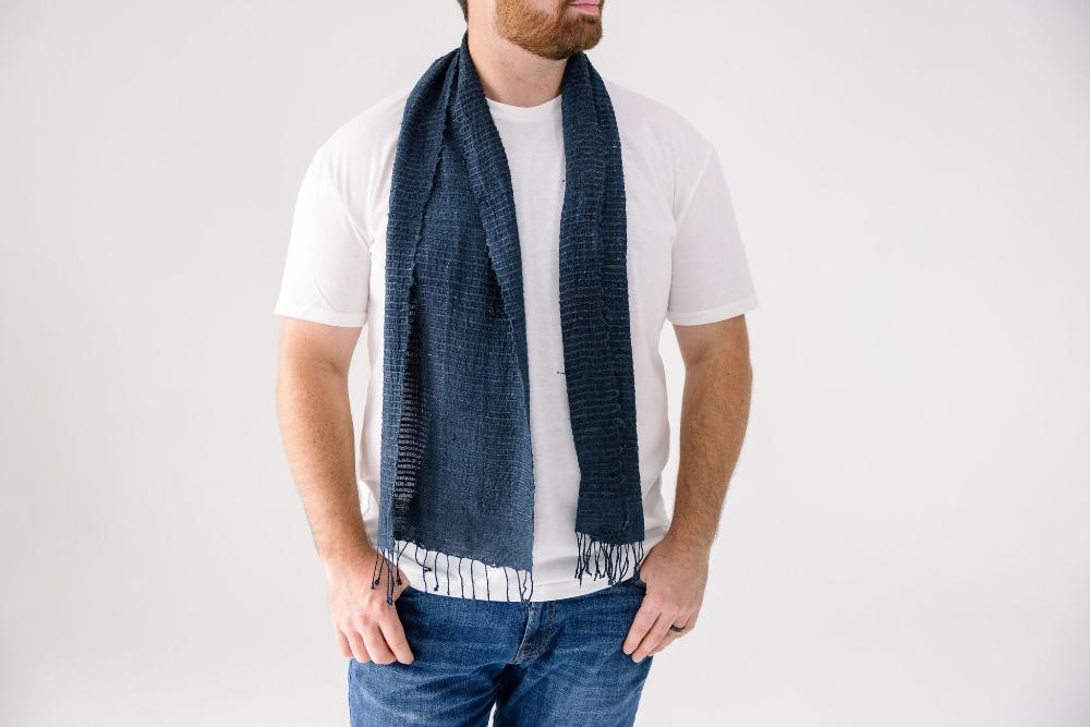 Queen Saba pure silk scarf on a male model.