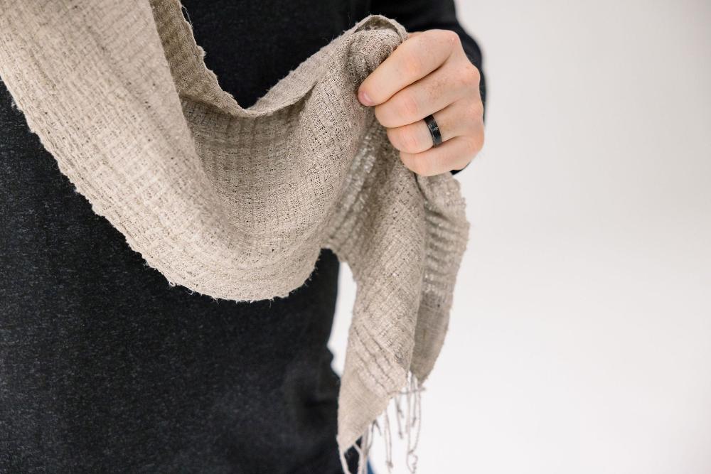 Queen Saba pure silk scarf in silver close up.