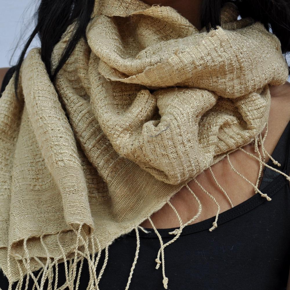 Queen saba scarf in beige wrapped around model