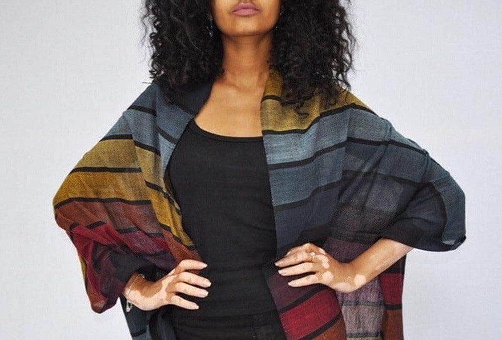 Hassate shawl sabahar wrapped around model on white background