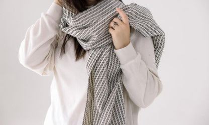 Aaron scarf on female model wearing white