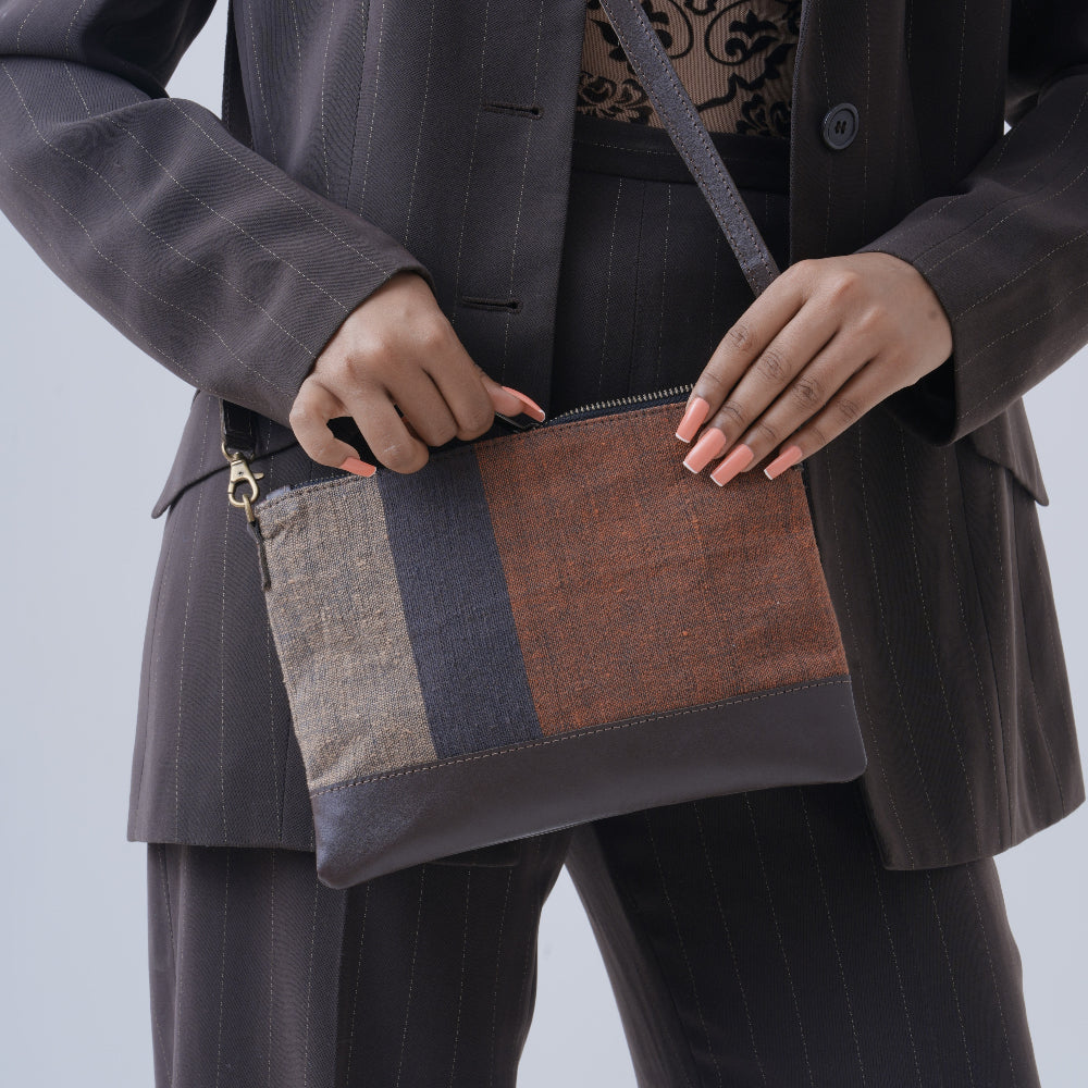 Leather and fabric cross body  cacao bag