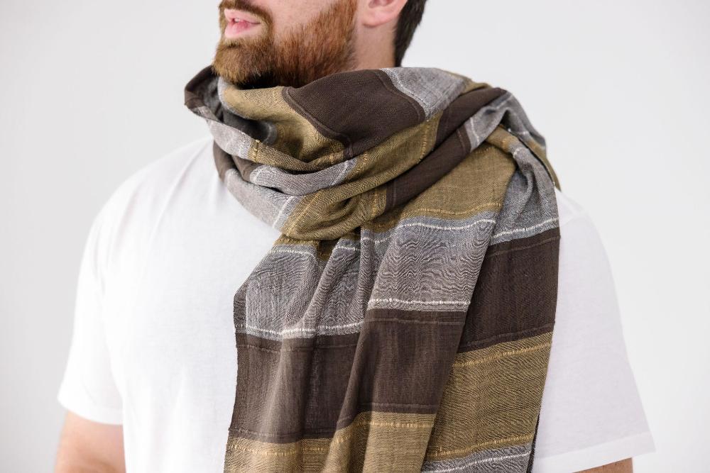 Danakil shawl in cacao on a male model. 