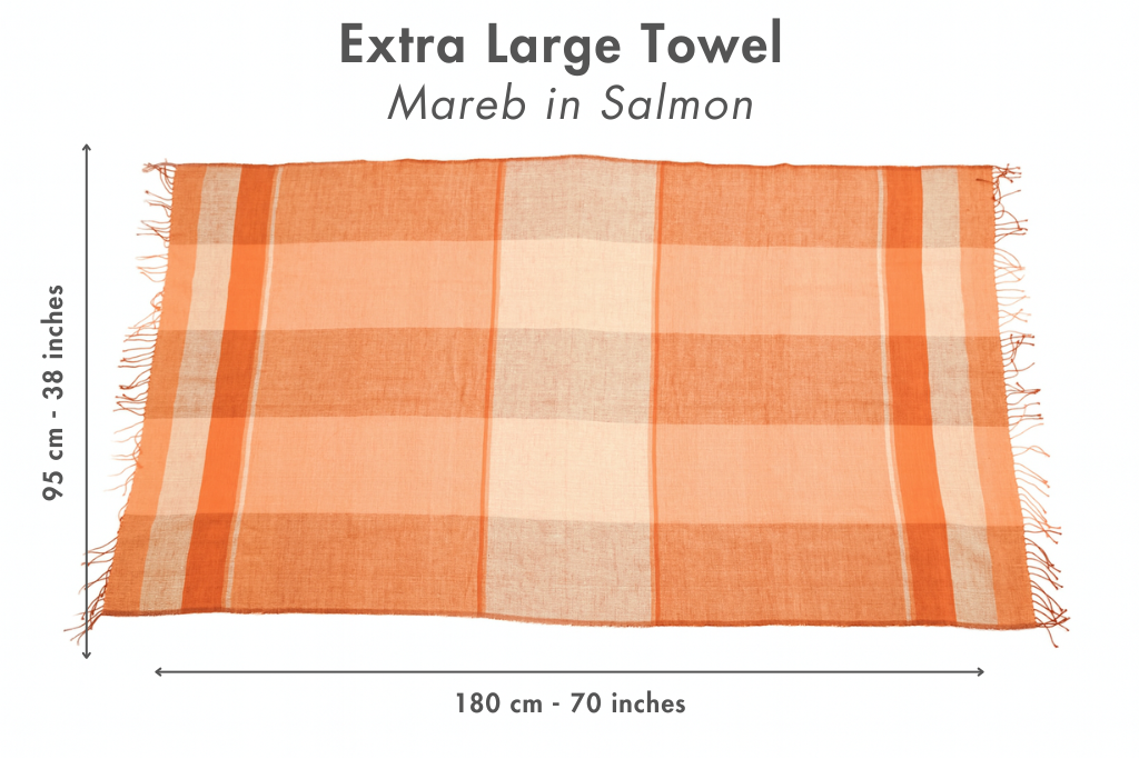 Extra large mareb towel with measurements on a white background