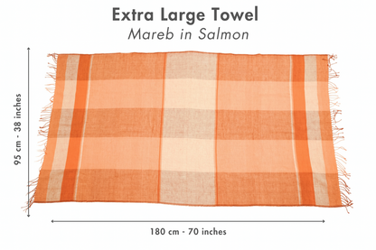Extra large mareb towel with measurements on a white background