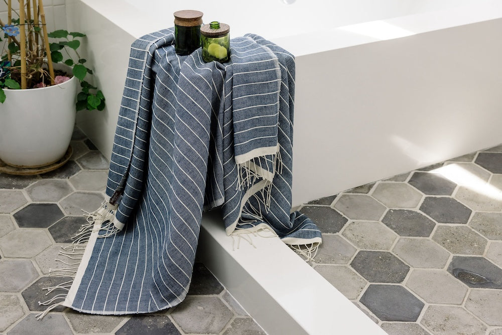 Jamma Bath Towel in Navy in Bathroom