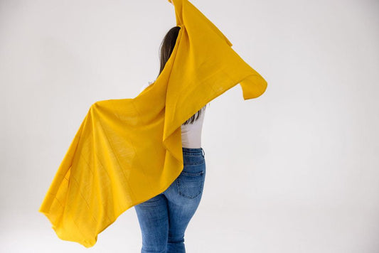 Model showing Maraki shawl from behind