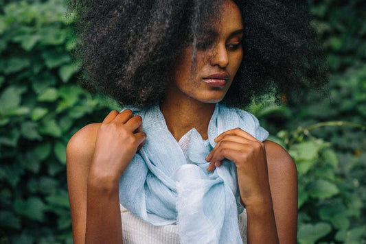 Mariam Linen Shawl in Flax with Female Model