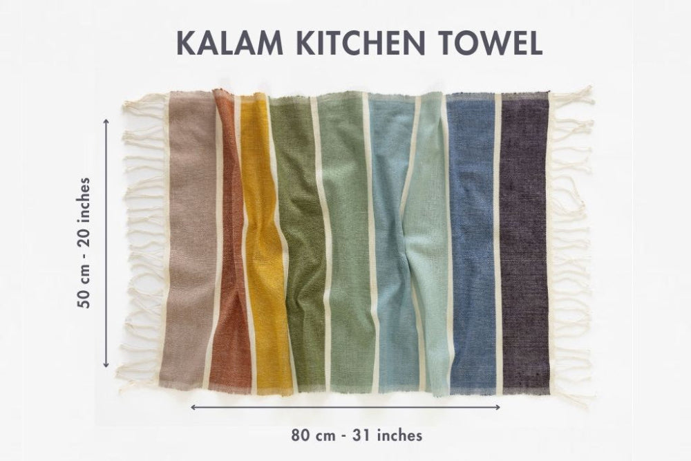 Multicolored Kalam kitchen towel with dimensions on a white background