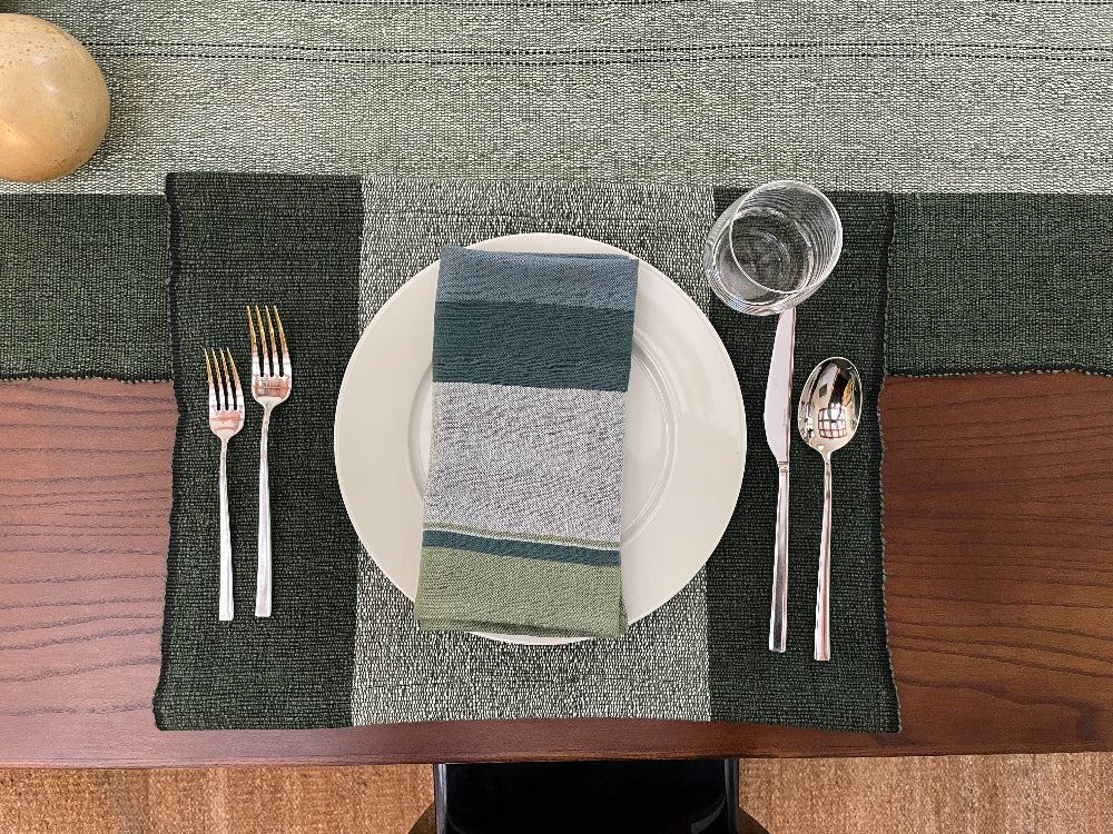 Sodo placemat in cedar with steel blue dalol napkin