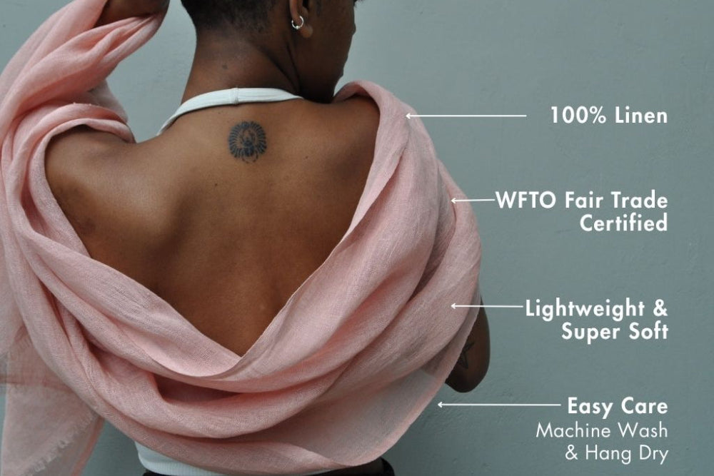 Telba shawl with model in blush with key features