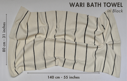 Wari bath towel in black with dimensions