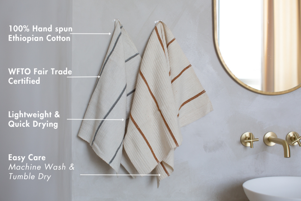 Wari hand towels in grey and bronze with key features