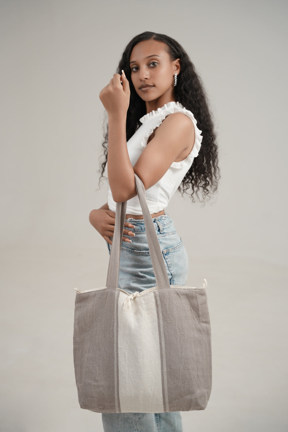 Zihone tote bag carried by ethiopian model