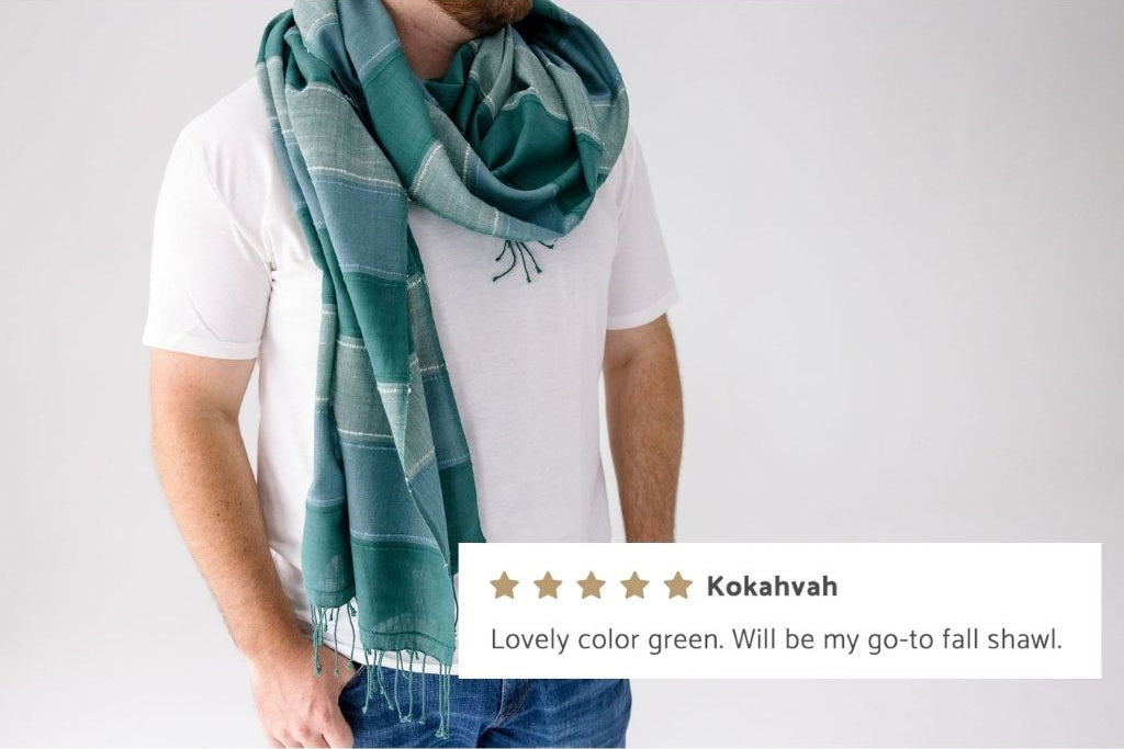 danakil shawl in. green with five star customer review