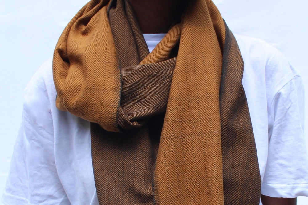 degu scarf in bronze on male model 