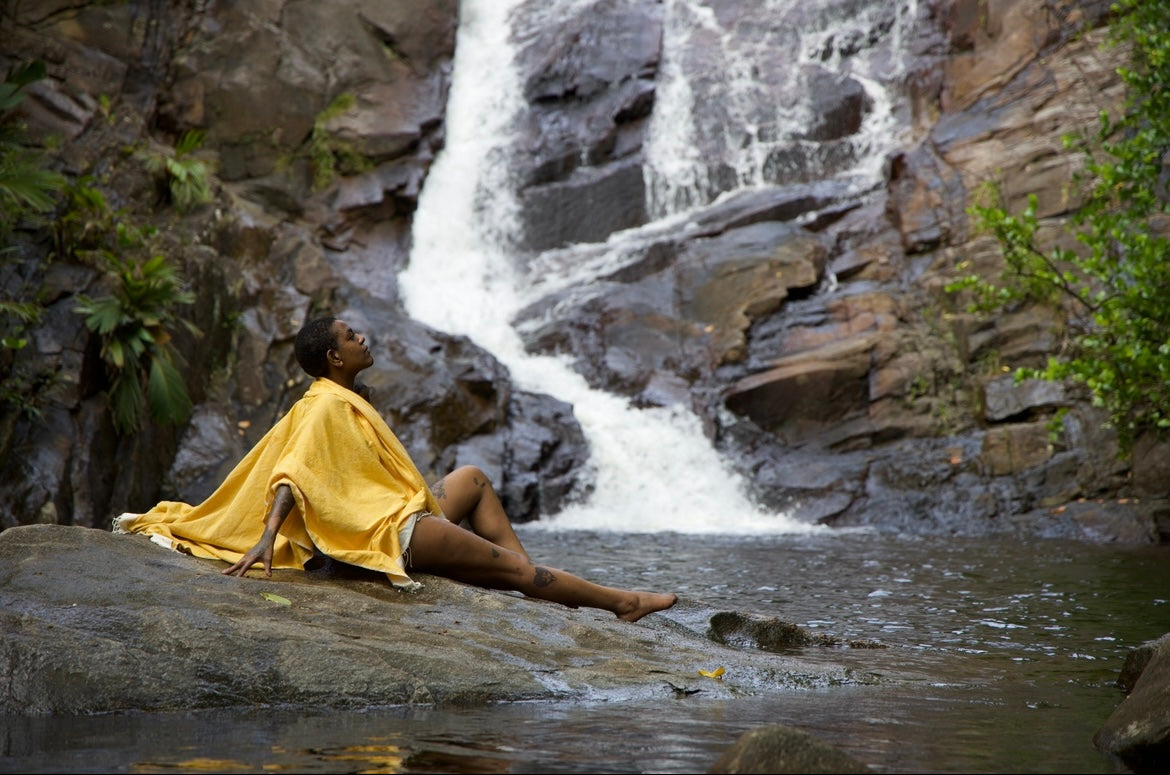 maisha wearing abay in gold in the seychelles