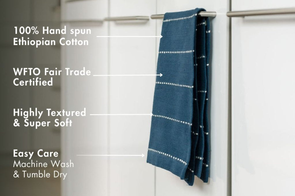 rift valley kitchen towel in navy with key features