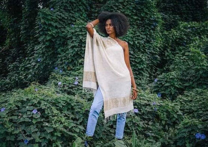 queen menon shawl in ivory and beige on model in nature